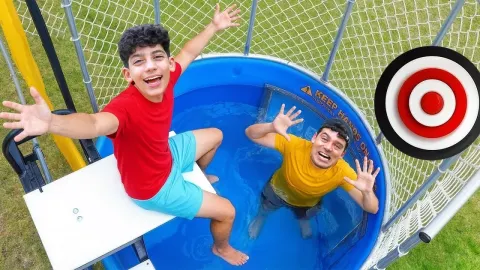Family Splash Pool Challenge with Dunk Tank and Slime Fun